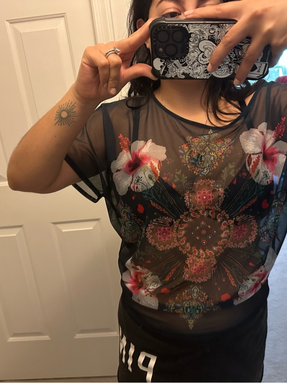Desigual Sheer Black Short-Sleeve Top with Multicolor Floral Medallion